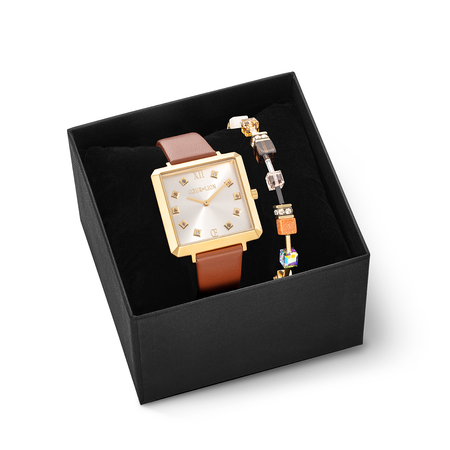 Gift Set Watch Iconic Square Gold Classy Brown & Bracelet GeoCUBE® Iconic Precious Brown