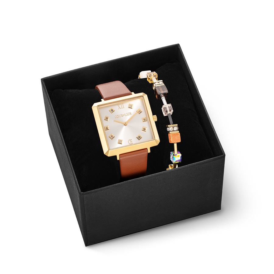 Gift Set Watch Iconic Square Gold Classy Brown & Bracelet GeoCUBE® Iconic Precious Brown