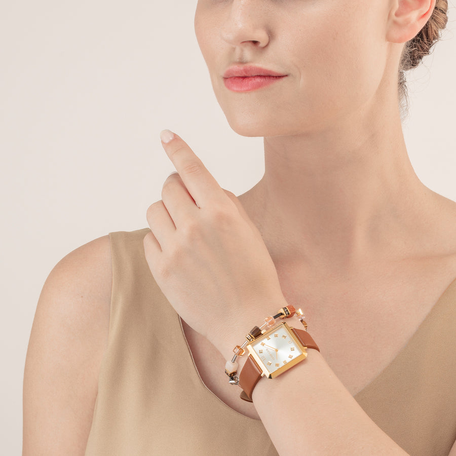 Gift Set Watch Iconic Square Gold Classy Brown & Bracelet GeoCUBE® Iconic Precious Brown