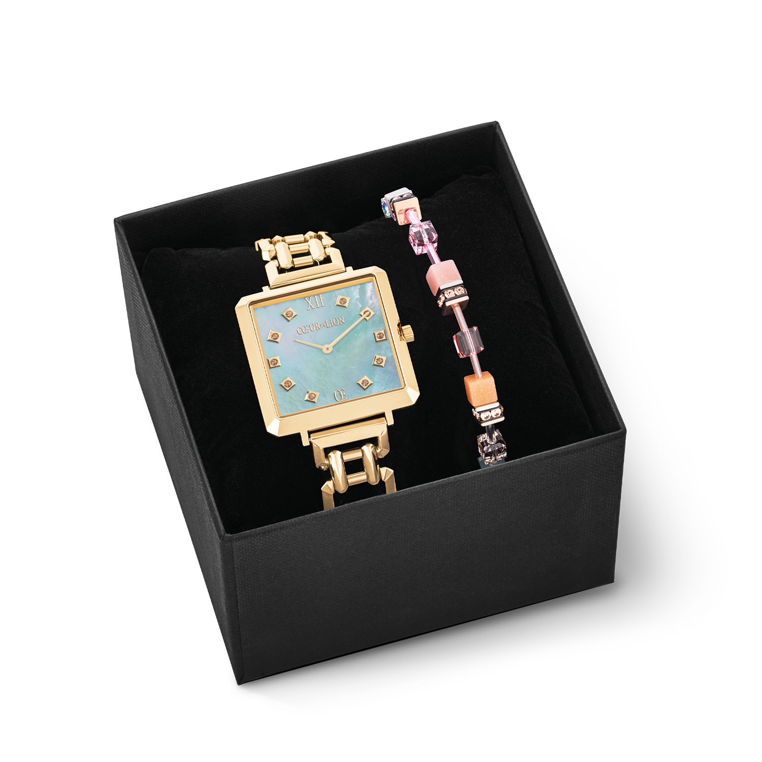 Gift Set Iconic Cube Watch Ocean Vibes Gold & GeoCUBE® Iconic Chain Bracelet Aqua-Apricot