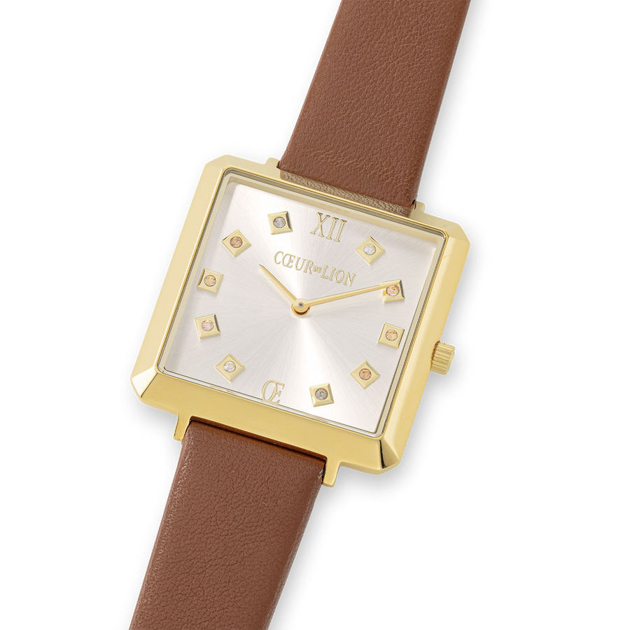 Watch Iconic Square Gold White Sunray Bracelet Leather Classy Brown