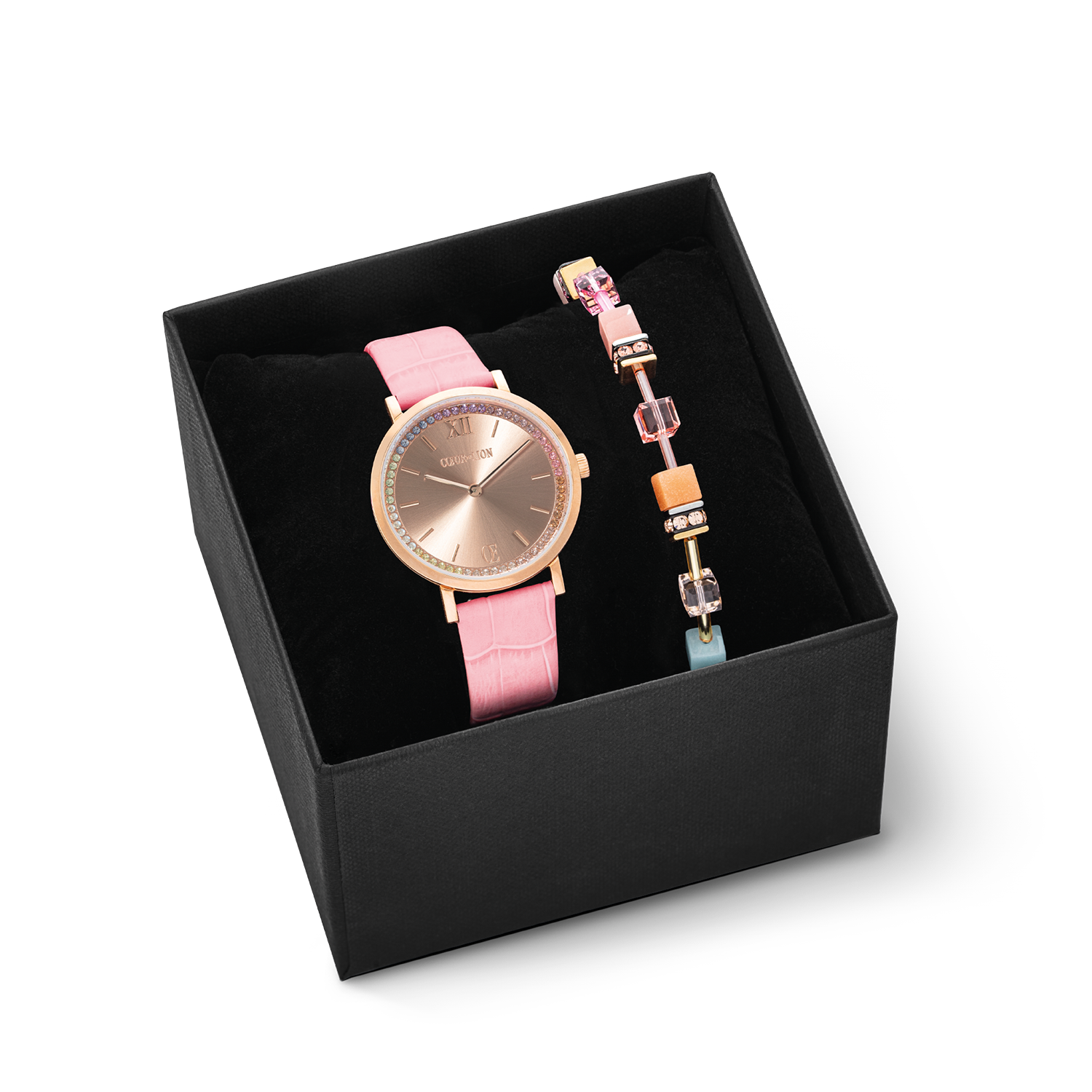Gift Set Watch Round Pastel Lovers Pink & GeoCUBE® Iconic Bracelet Aqua-Apricot