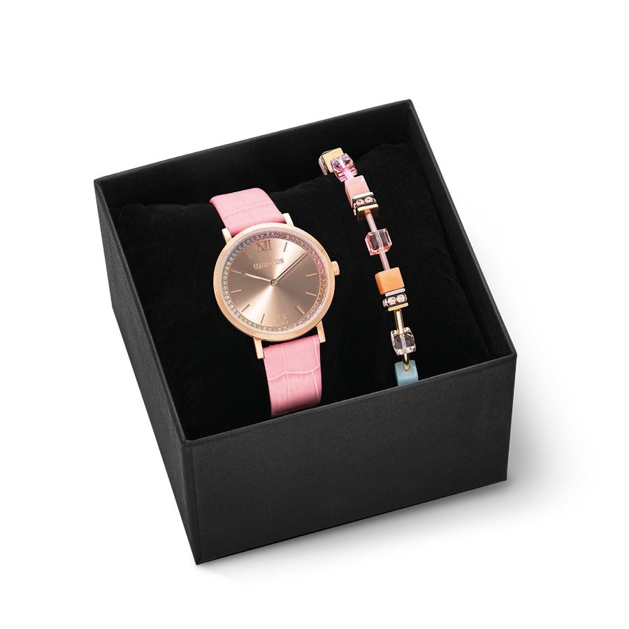 Gift Set Watch Round Pastel Lovers Pink & GeoCUBE® Iconic Bracelet Aqua-Apricot