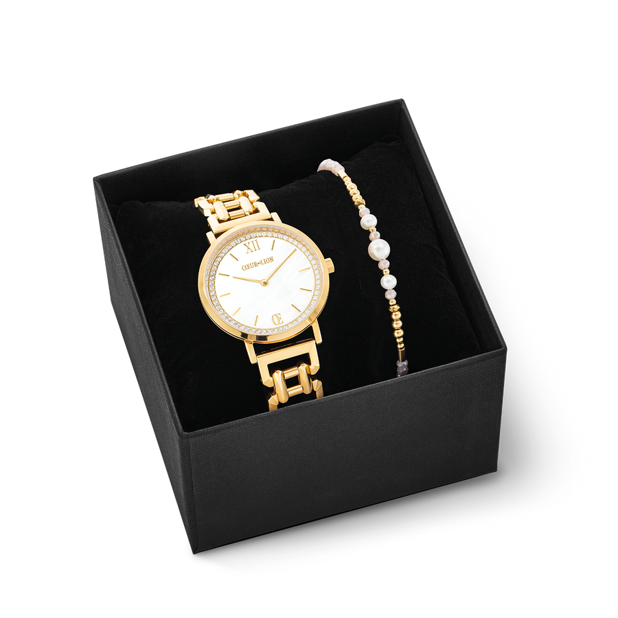 Gift Set Watch Round Sparkling Mother-of-Pearl & Bracelet Drops Gold