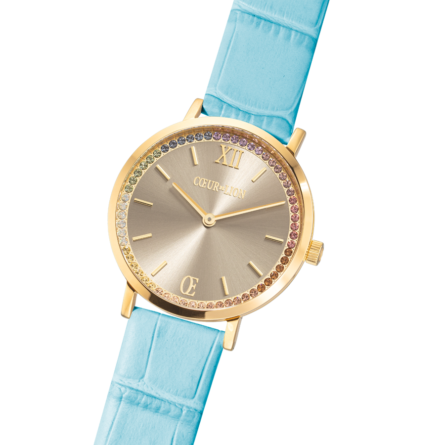Watch Round Pastel Lovers Gold Bracelet Leather Blue