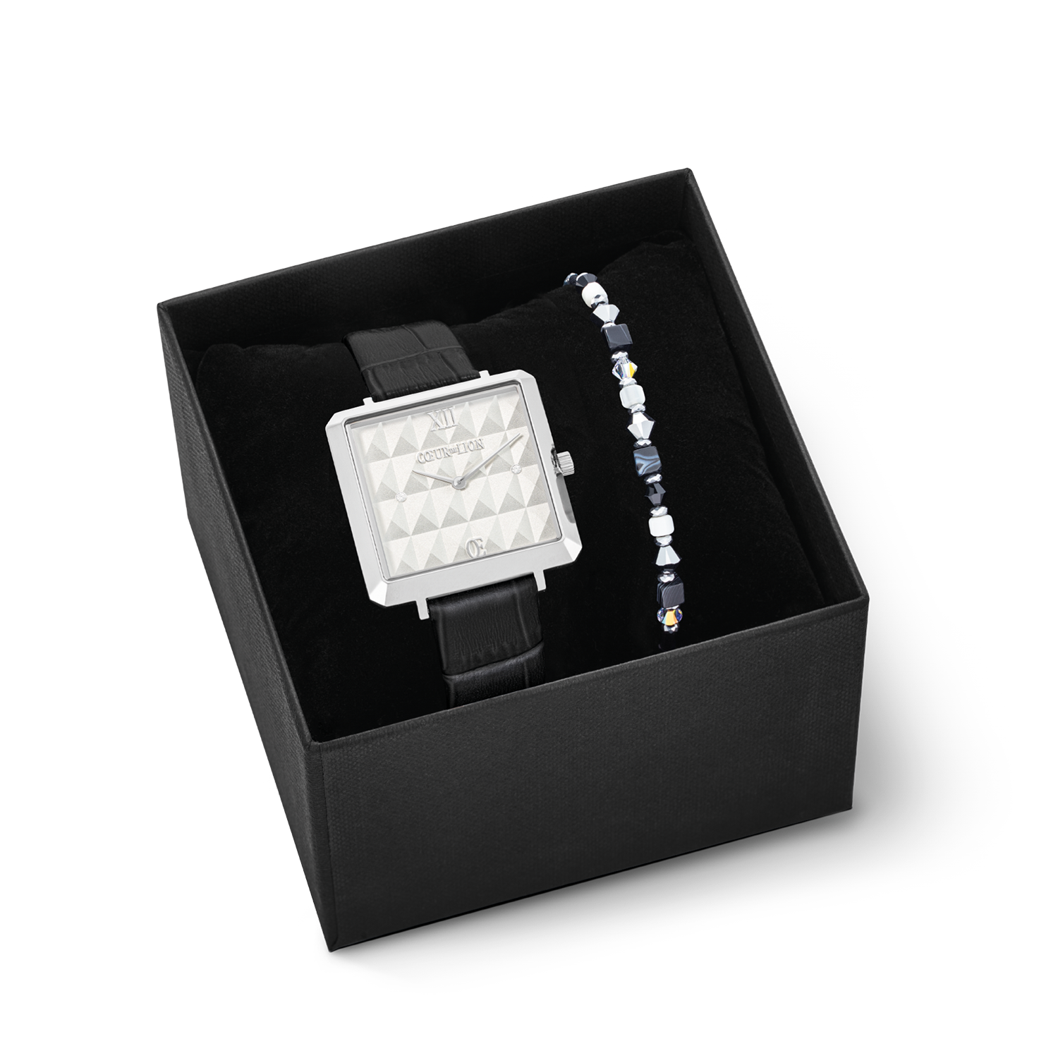 Gift Set Watch Iconic Cube Spikes Black & Bracelet Princess Shape Mix Black-White