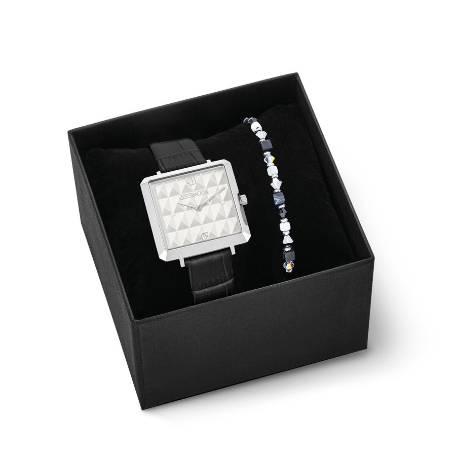 Gift Set Watch Iconic Cube Spikes Black & Bracelet Princess Shape Mix Black-White