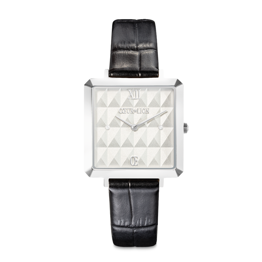 Watch Iconic Cube Spikes Silver Bracelet Leather Black