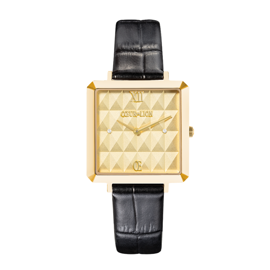 Watch Iconic Cube Spikes Gold Bracelet Leather Black