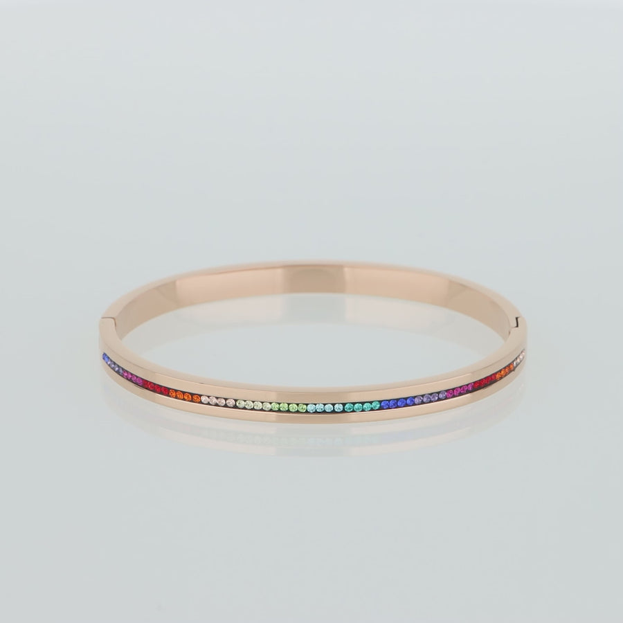 Bangle stainless steel rose gold & crystals pavé strip multicolour